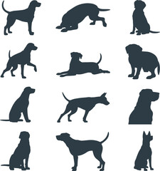 Dog silhouette collection, pet animal vector set, standing, sitting, laying, crouching poses, black icon clipart, isolated design on white background