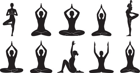 Original name(s): Yoga Pose Silhouettes of Women – Vector Set of Meditation and Balance Asanas for Wellness and Fitness