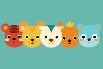 Fototapeta premium Adorable Cartoon Animal Faces Tiger, Cat, Squirrel, Fox, Bear Illustrations
