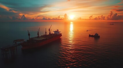 Naklejka premium Offshore Platform and Vessels at Sunset: Oil, Gas, Energy, Maritime, Ocean, Industrial, Sunset, Crane, Shipping, Logistics