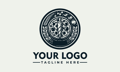 Circular logo design featuring a pizza surrounded by various decorative elements.