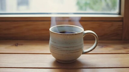 A steaming mug of hot coffee sitting on a wooden windowsill, creating a peaceful and cozy scene for a quiet morning - Powered by Adobe