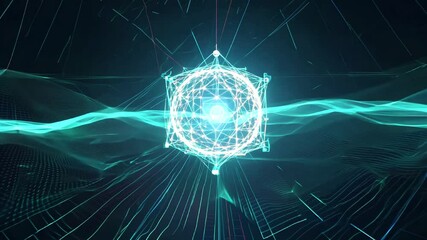 Abstract digital illustration featuring a glowing geometric shape surrounded by flowing lines and particles, creating a futuristic and dynamic visual experience in a dark background - Powered by Adobe