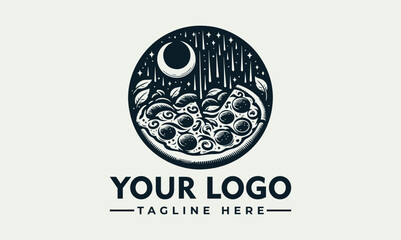 A stylized logo featuring a pizza under a crescent moon and stars, within a circular frame.