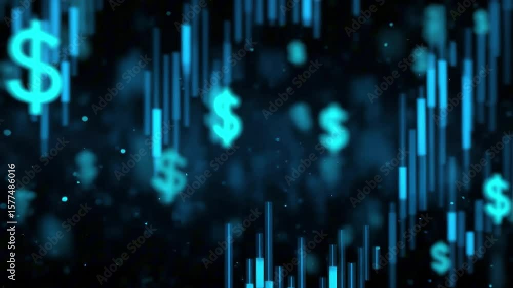 Poster abstract digital background featuring floating dollar signs in vibrant blue tones, with vertical lin