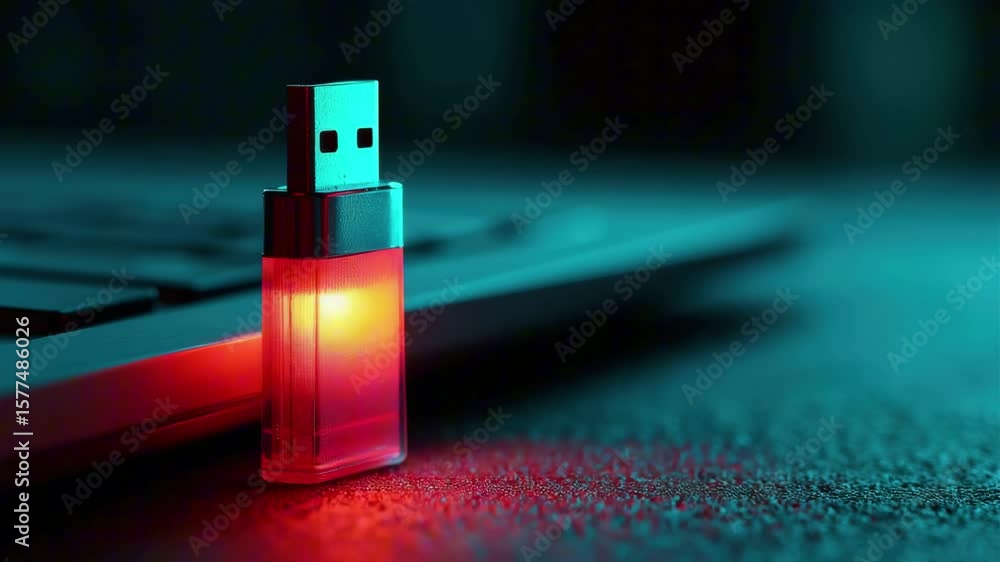 Poster usb flash drive with glowing red light is connected to a laptop, showcasing modern technology and di