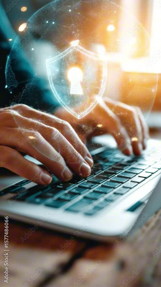 Aufkleber hands typing on a laptop keyboard with digital security icons overlay, representing cybersecurity, d