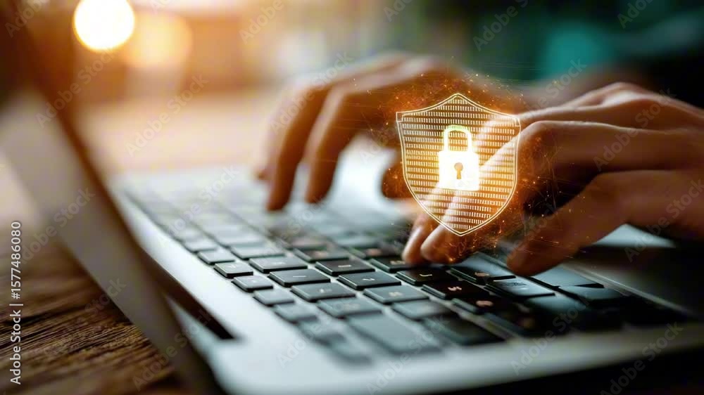 Fototapete hands typing on a laptop keyboard with a digital security shield overlay, representing cybersecurity