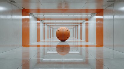 Clean symmetrical render of a basketball on mirrored flooring overhead light grid creating an endless reflection illusion orange and