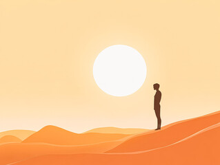 Man stands on a hill overlooking a desert. The sun is setting in the background, casting a warm glow over the scene. The man is lost in thought