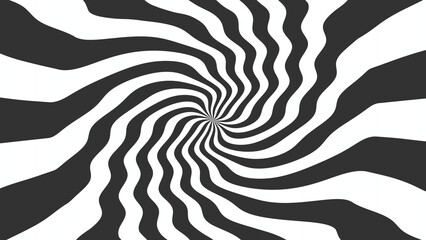 Abstract spiral background in black and white with wavy lines creating an optical illusion effect. Bold contrast and hypnotic motion for visual impact and graphic design.