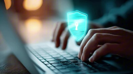 Hands typing on a laptop keyboard with a glowing digital security shield icon above, representing cybersecurity and online protection in a modern workspace environment - Powered by Adobe