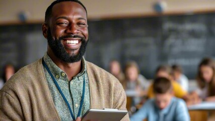 African American man, smiling educator in a cozy sweater, holds a tablet in a classroom filled with engaged students, showcasing a positive learning environment and modern teaching methods - Powered by Adobe