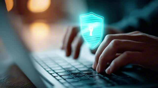Hands typing on a laptop keyboard with a glowing digital security shield icon above, representing cybersecurity and online protection in a modern workspace environment