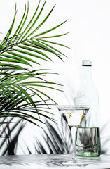 Elegant white vermouth cocktail beside a decorative palm leaf with a glass bottle showcasing...