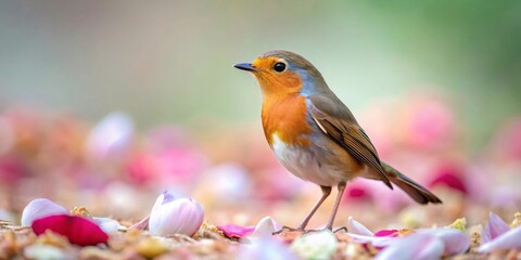 Fototapeta premium A Vibrant Robin Perched Amidst a Carpet of Delicate Pink and White Petals, a Serene Springtime Scene