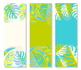 Summer vertical banners set, palm beach cards, tropical leaves poster illustration. Jungle exotic minimal flyer, brochure, voucher, template. Fashion Bali background