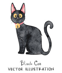 Watercolor Halloween Black Cat with Red Collar Bell. Vector illustration suitable for wallpaper, print, stationery, packaging, and party decorations.