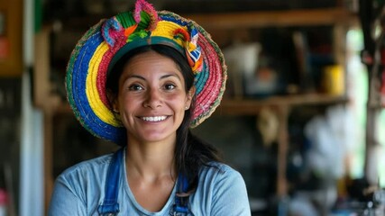 Portrait of a smiling south american female mechanic standing confidently in her workshop, wearing overalls and a colorful traditional hat