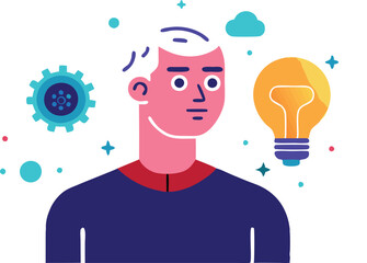 Stylized illustrations depicting individuals with light bulbs or brains representing ideas and creative thinking