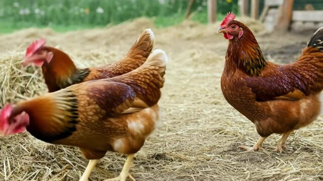 Chickens on a chicken farm grazing outdoors, domestic animal husbandry concept	