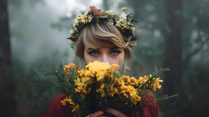 A woman with a flower crown holding yellow flowers in a misty forest looking at the camera intently