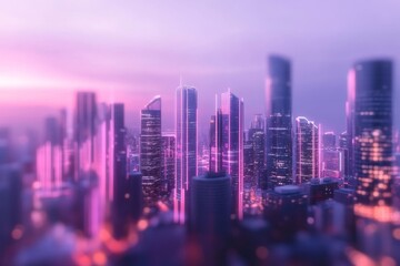 Fototapeta premium Futuristic neon cityscape at dusk with skyscrapers and pink glow