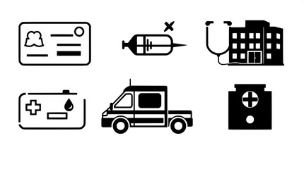 A set of modern glyph icons for clinical signage in a sleek black silhouette style, presented as a transparent PNG set, featuring six distinct symbols: a health insurance card with bold, geometric lin