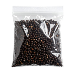 Dark peppercorns in a clear plastic bag