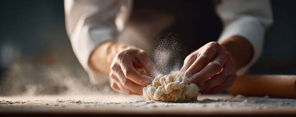 Closeup of hands shaping dough on a floured surface, bathed in warm light. Evokes artisan craftsmanship, culinary arts, and the joy of homemade food.