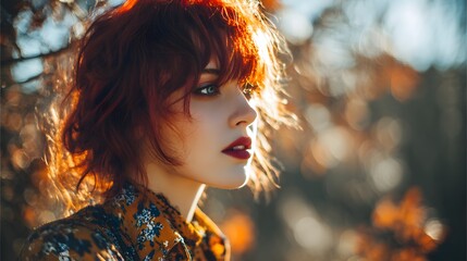 Portrait of a woman with red hair and red lipstick in profile view against a blurred background