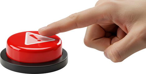 A hand pressing a button with a warning sign drawn on it