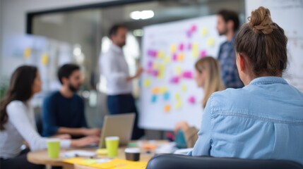 Collaborative workspace with diverse individuals engaged brainstorming session, focusing whiteboard filled with colorful notes. atmosphere is dynamic and creative, fostering teamwork