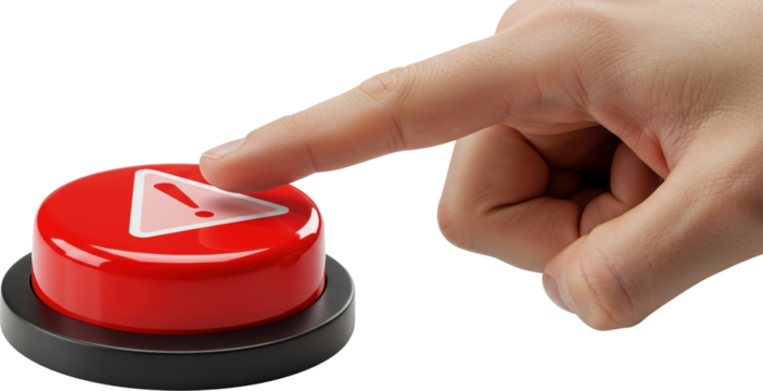 A hand pressing a button with a warning sign drawn on it