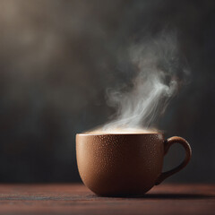 Steaming cup on wood. Evokes warmth, comfort,  relaxation. Perfect for ads, blogs about morning routines, beverages, selfcare, or mindful moments.