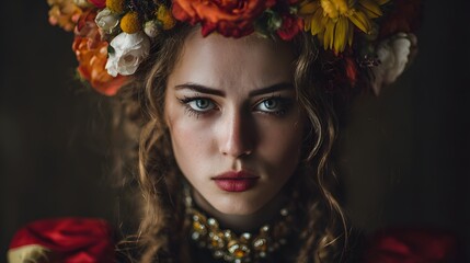Portrait of a woman with curly hair wearing a flower crown and a jeweled necklace looking at camera