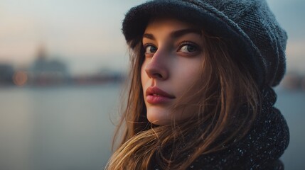Portrait of a woman with a cap looking over her shoulder with a blurred cityscape in the background