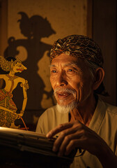 Portrait of an elderly Indonesian dalang (puppet master) performing wayang kulit, a traditional Javanese shadow puppet show. Captured in warm lighting, showcasing cultural heritage and storytelling.
