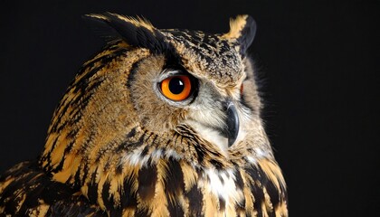 Fototapeta premium retrato de cerca de un búho real eurasiático (Bubo bubo). La imagen se centra en la cara y parte superior del pecho del ave.