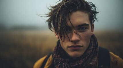 Close up portrait of a young man with wet hair and a scarf looking at the camera outdoors in a field