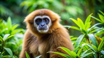 Fototapeta premium A curious golden gibbon primate calmly observes its lush green tropical habitat