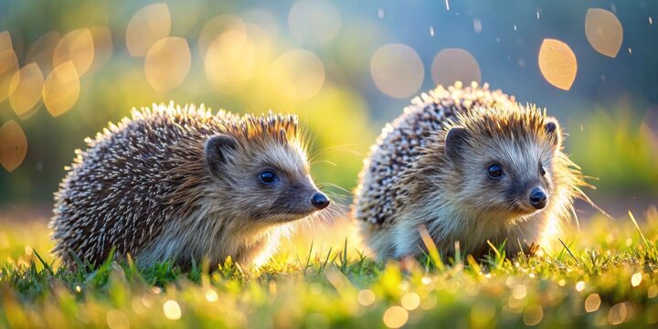 Two hedgehogs explore a sunlit meadow, their quills gleaming in the golden hour light. - Powered by Adobe