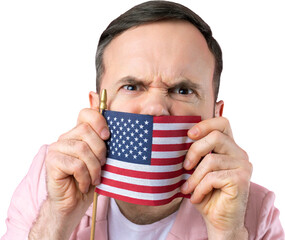 Portrait of a satisfied young man with a beard with an American flag on a isolated studio...