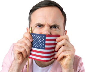 Portrait of a satisfied young man with a beard with an American flag on a isolated studio background. Great US patriot and defender of freedom.