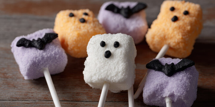 Ghost and bat marshmallow pops on sticks for Halloween fun