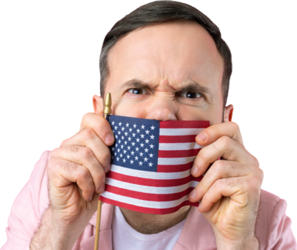 Portrait of a satisfied young man with a beard with an American flag on a isolated studio background. Great US patriot and defender of freedom.