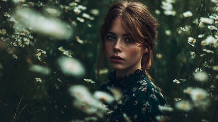Portrait of a woman with brown hair in a field of daisies looking at the camera with a serious look