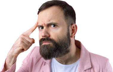 Handsome man with a beard in a pink jacket is thinking over an isolated background.