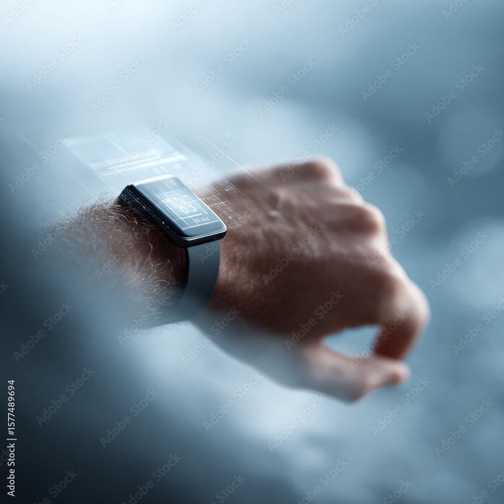 Poster man checking data on a modern smartwatch with augmented reality interface. focus on innovation, conn