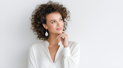 Beautiful woman with curly hair wearing a white blouse, thoughtfully posing against a minimalistic background, showcasing elegance and confidence in a serene atmosphere